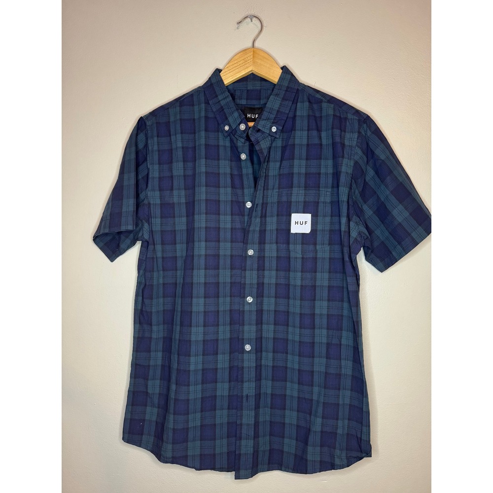 HUF‎ Plaid Short Sleeve Button Down Shirt Blue Green Size M